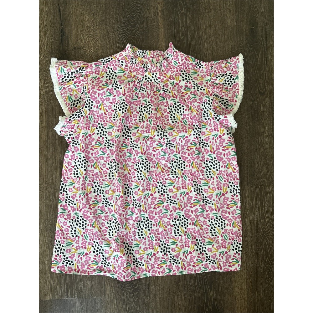 THML Floral Short Sleeve Top Summer Boho Small Fringe Preppy High Neck MINT